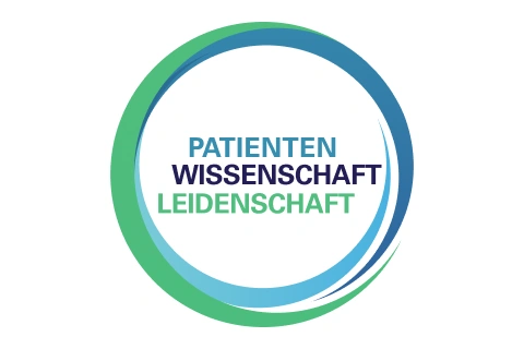 Kreisförmiges Logo mit dem Text: Patienten, Wissenschaft, Leidenschaft